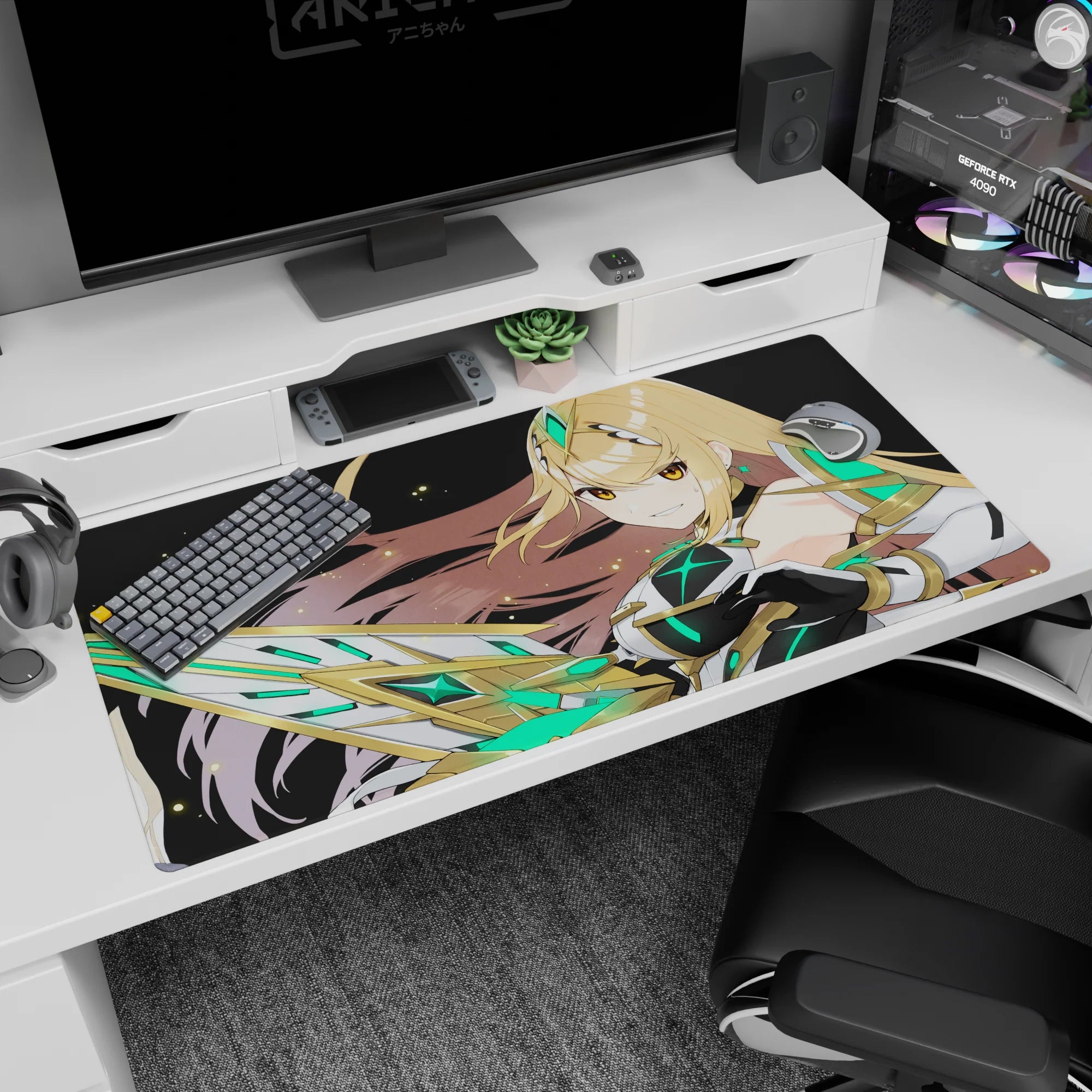 40x20 inches desk pad showing smirking anime warrior in white-black armor with jeweled headpiece and crystal blade.