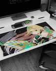 40x20 inches desk pad showing smirking anime warrior in white-black armor with jeweled headpiece and crystal blade.