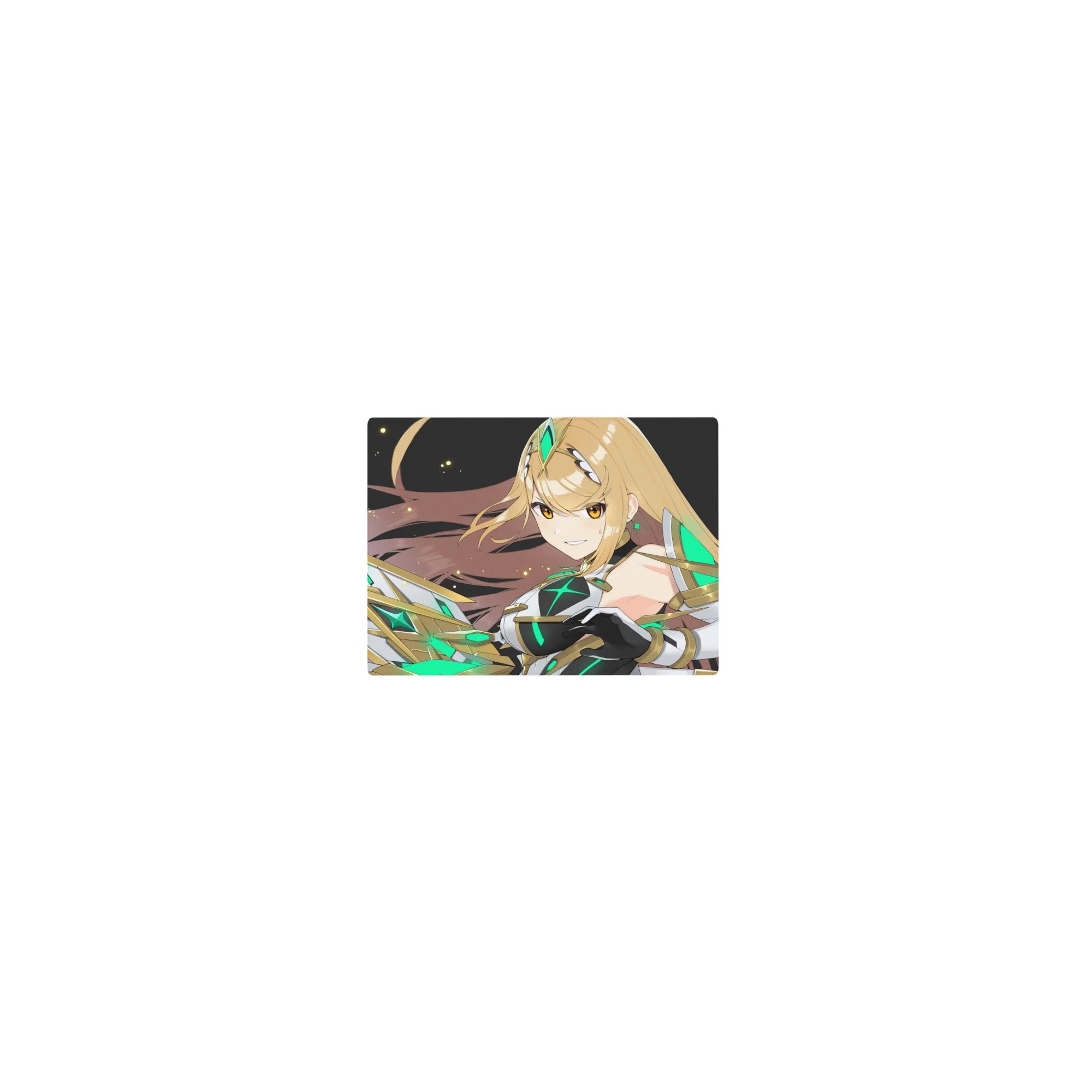 Classic anime girl warrior mouse pad 14x10 inches with white-black armor, gold trim, and green glow.