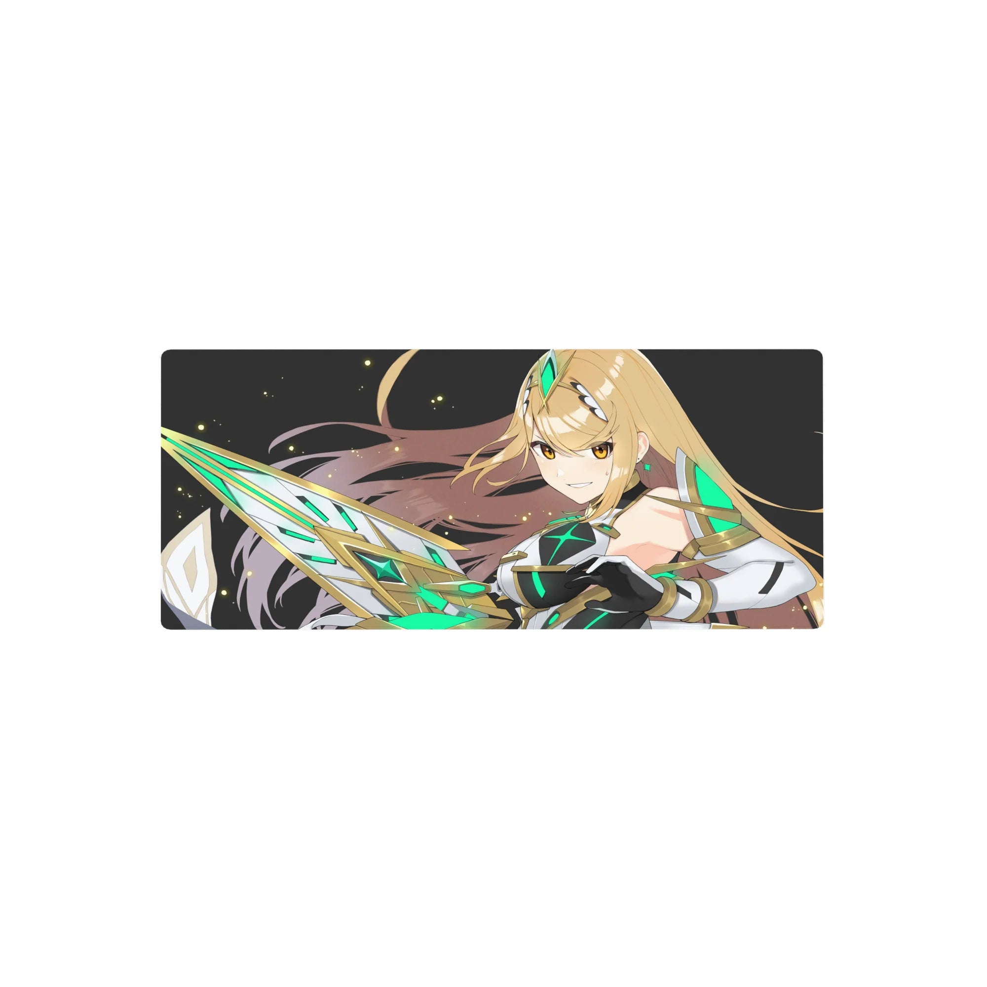 Anime girl mouse pad 28x12 inches with armored warrior on starry black backdrop, gold hair and sci-fi blade.