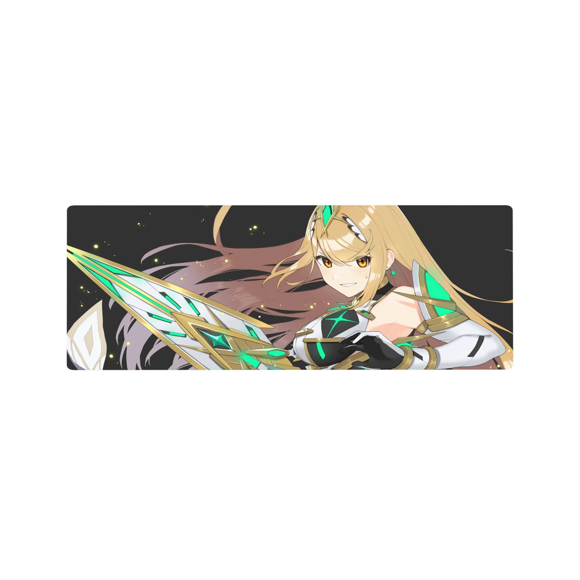Anime girl mouse pad 32x12 inches with armored warrior, starry black background, gold hair and sci-fi blade.