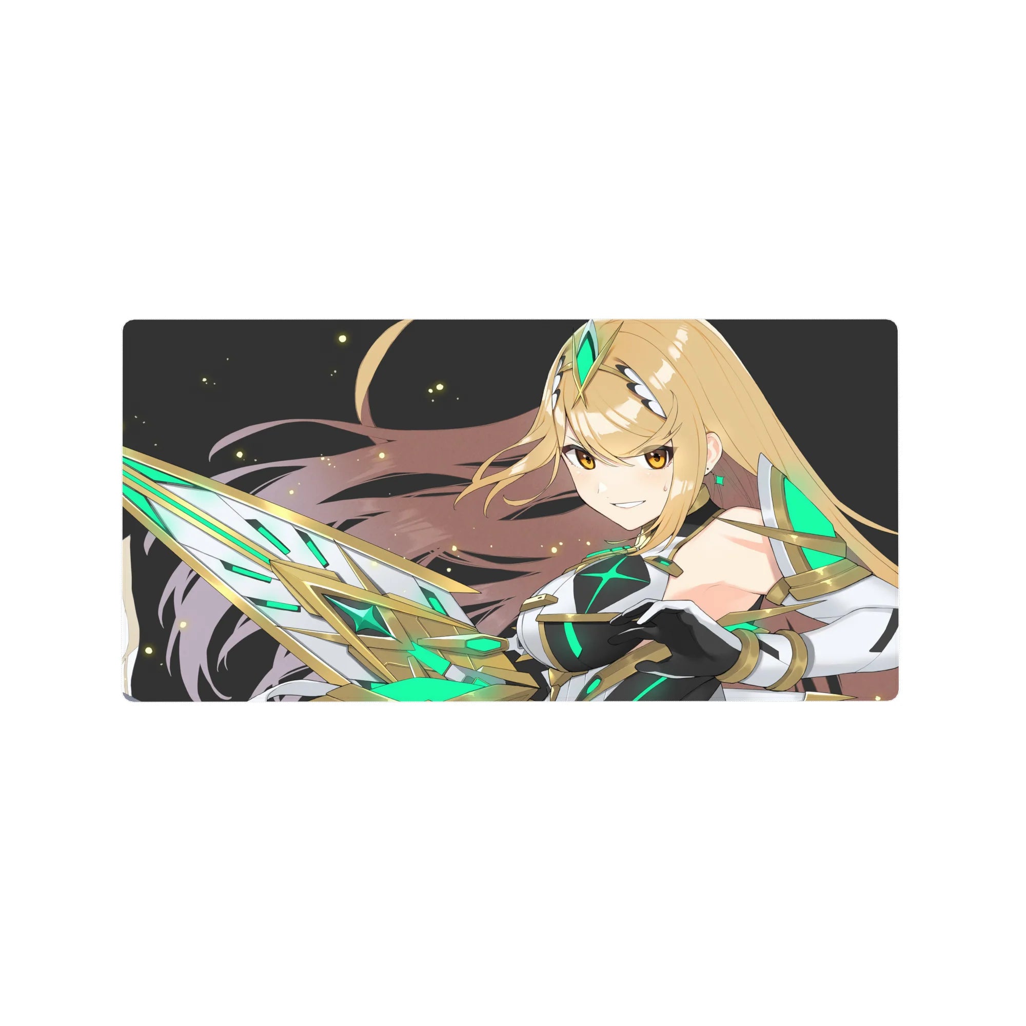 Anime girl mouse pad 32x16 inches with sci-fi warrior in white-black armor, gold trim, starry backdrop.