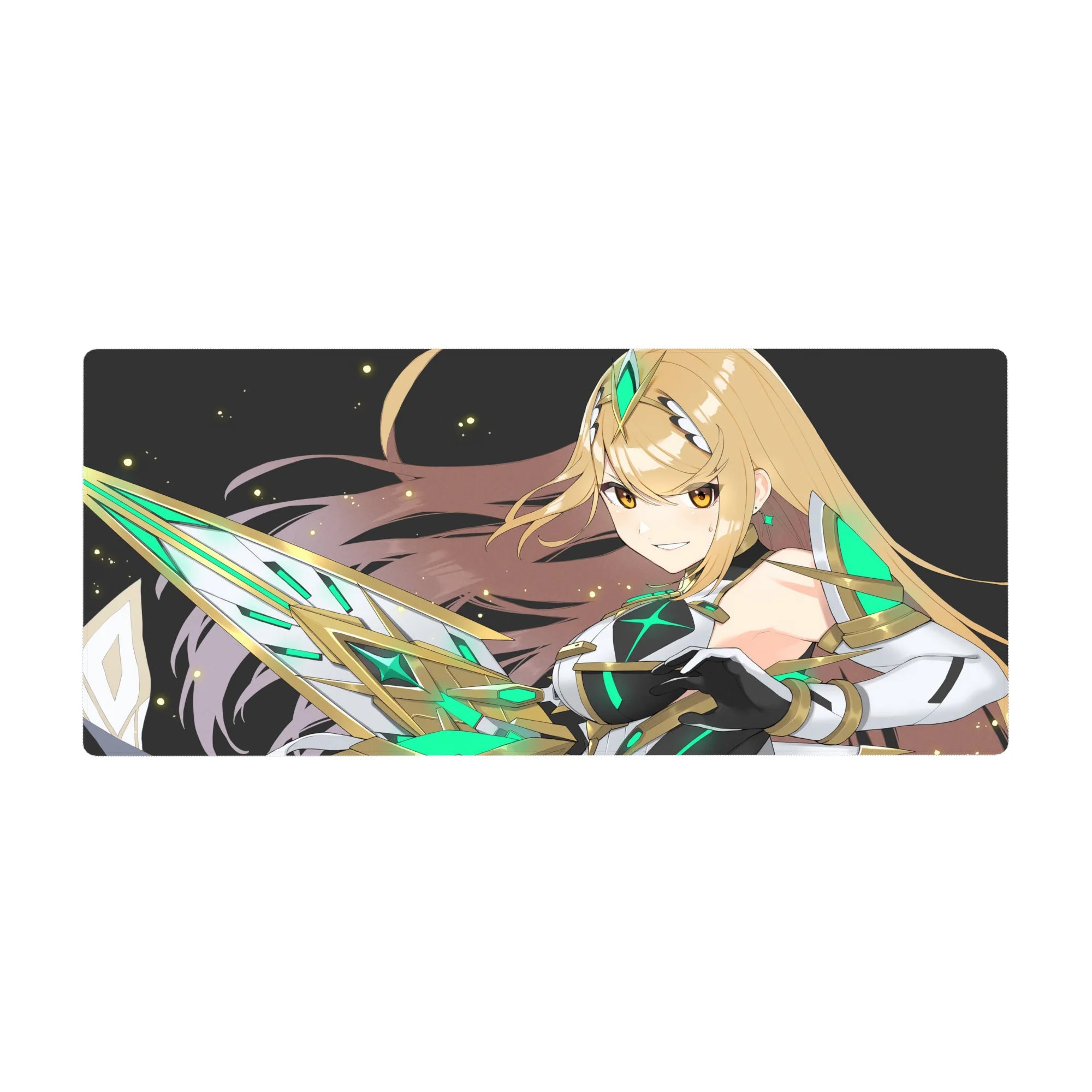 36x16 inches anime girl desk pad with armored sci-fi warrior, starry black backdrop, emerald neon accents.