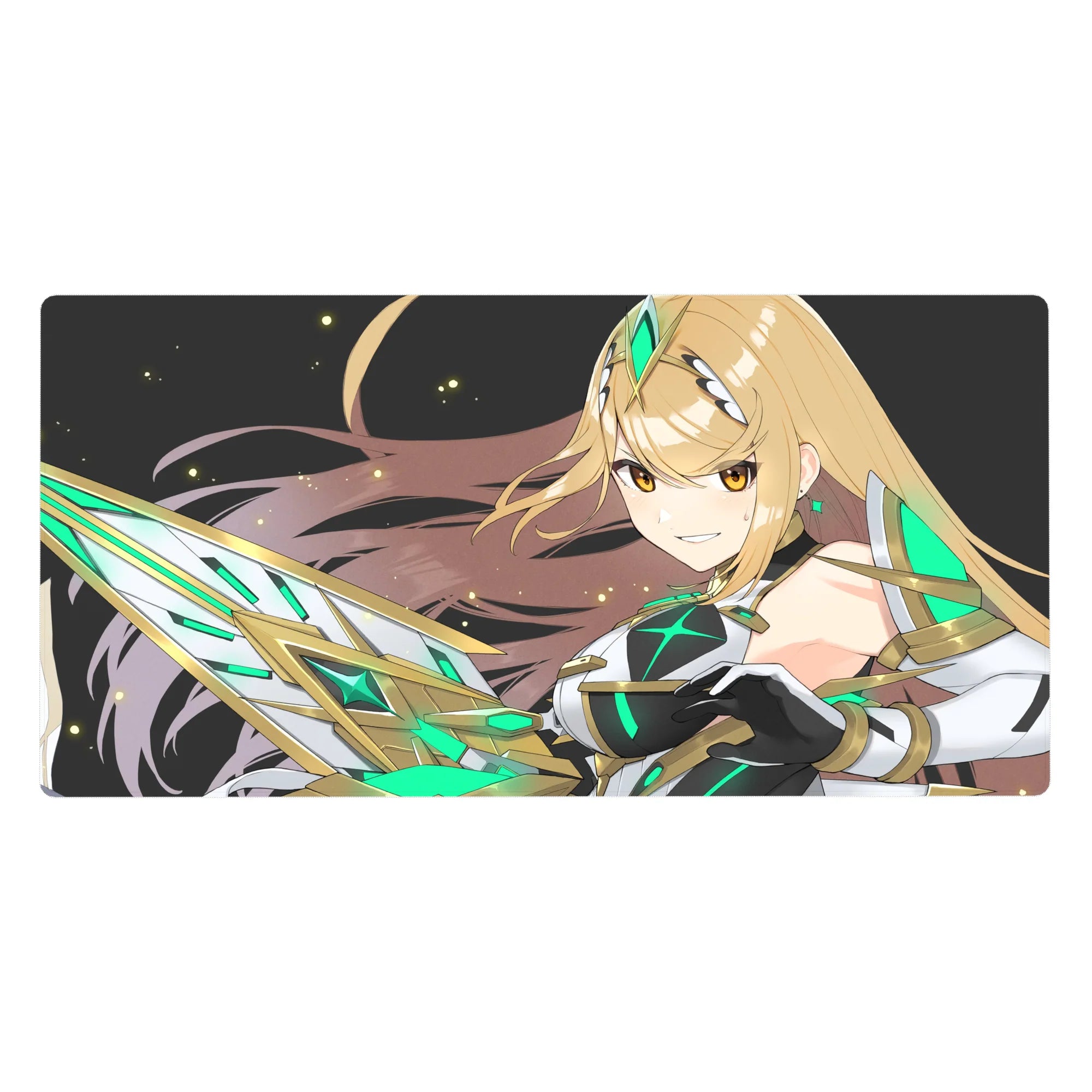 40x20 inches anime girl desk pad with armored warrior, gold hair, neon green accents on starry black.