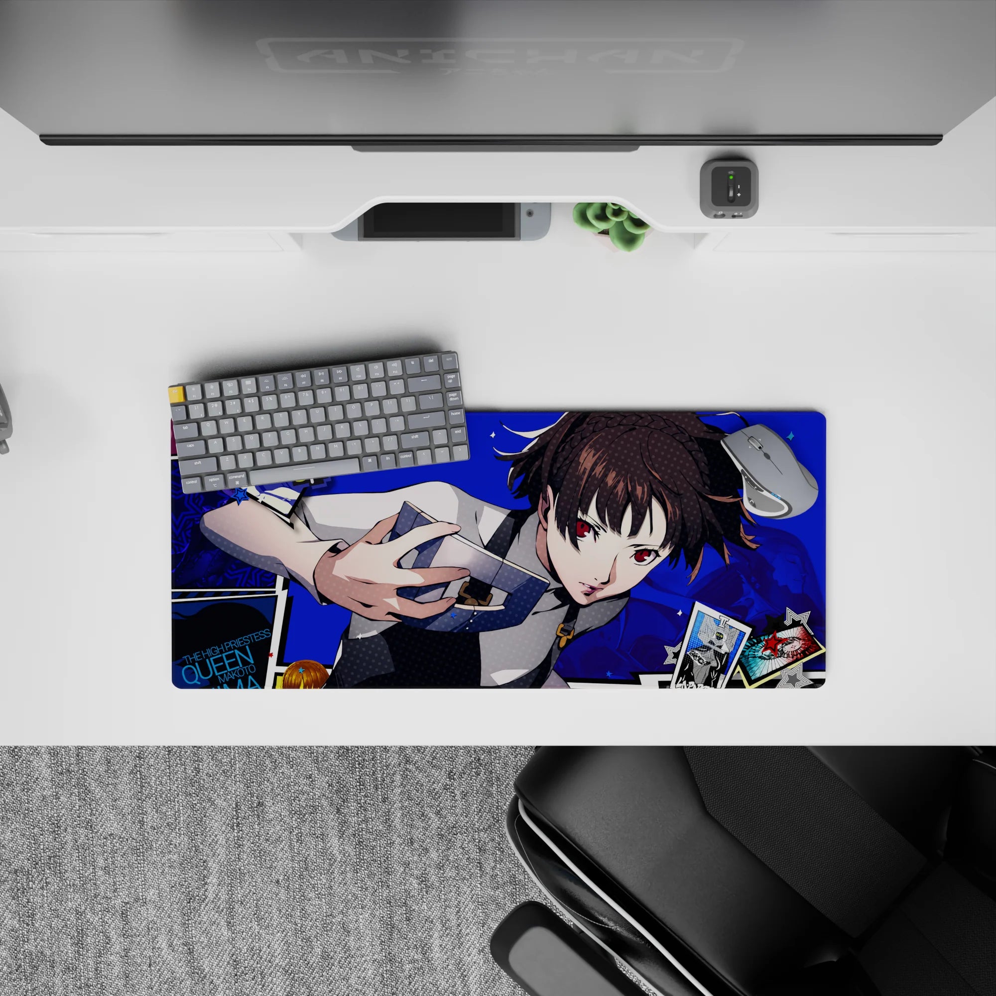 Makoto Niijima Persona 5 mouse pad, 28x12 inches, featuring Queen with knuckle duster, electric blue backdrop and tarot cards.