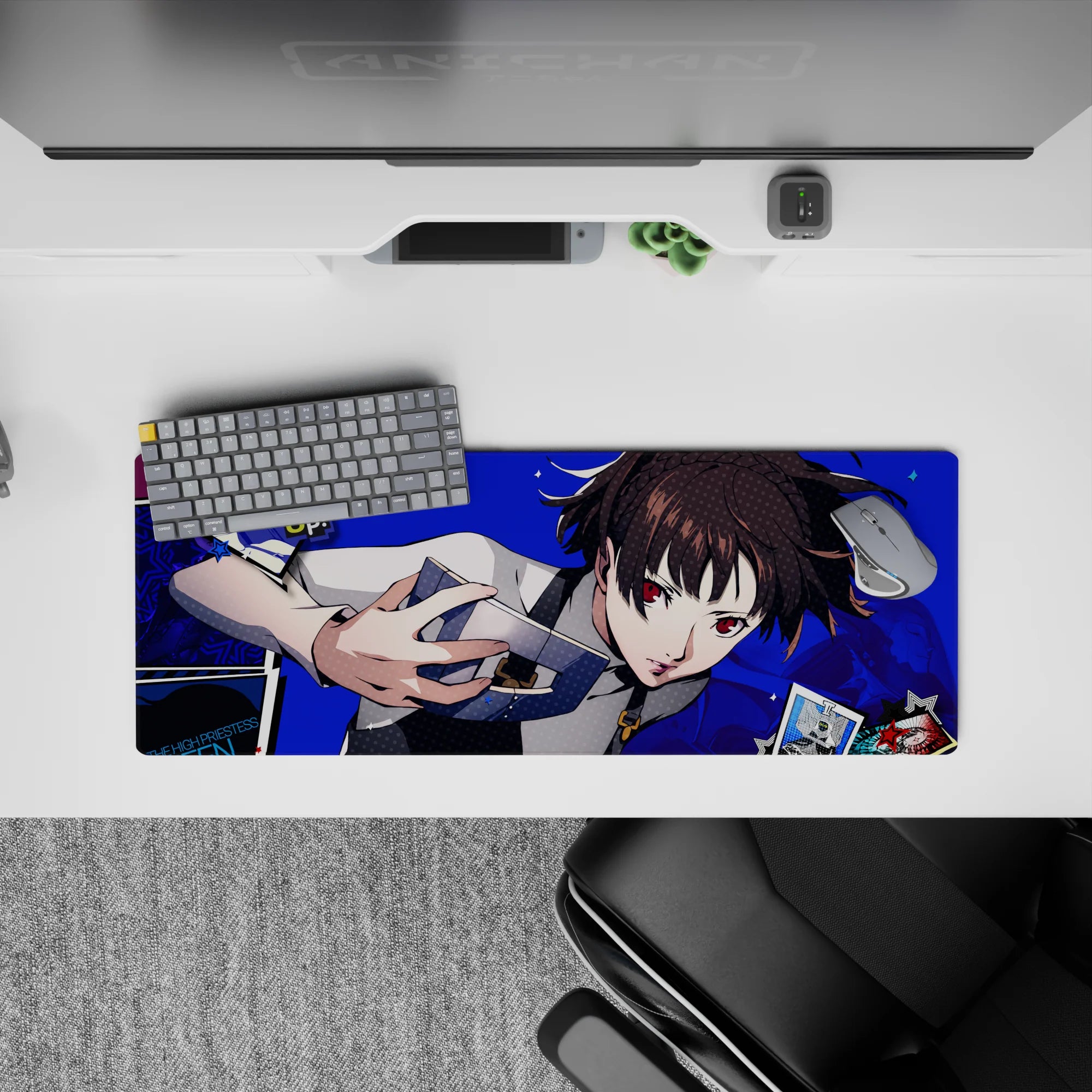 Makoto Niijima anime mouse pad, 32x12 inches, from Persona 5, features Queen with knuckle duster and tarot cards on electric blue.