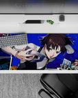 Makoto Niijima Persona 5 anime desk pad, 36x16 inches, with electric blue backdrop, tarot cards, and Queen's fierce stance.