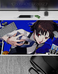 Makoto Niijima from Persona 5 on a 40x20 inch mouse pad, with electric blue backdrop and tarot cards, ready for action.