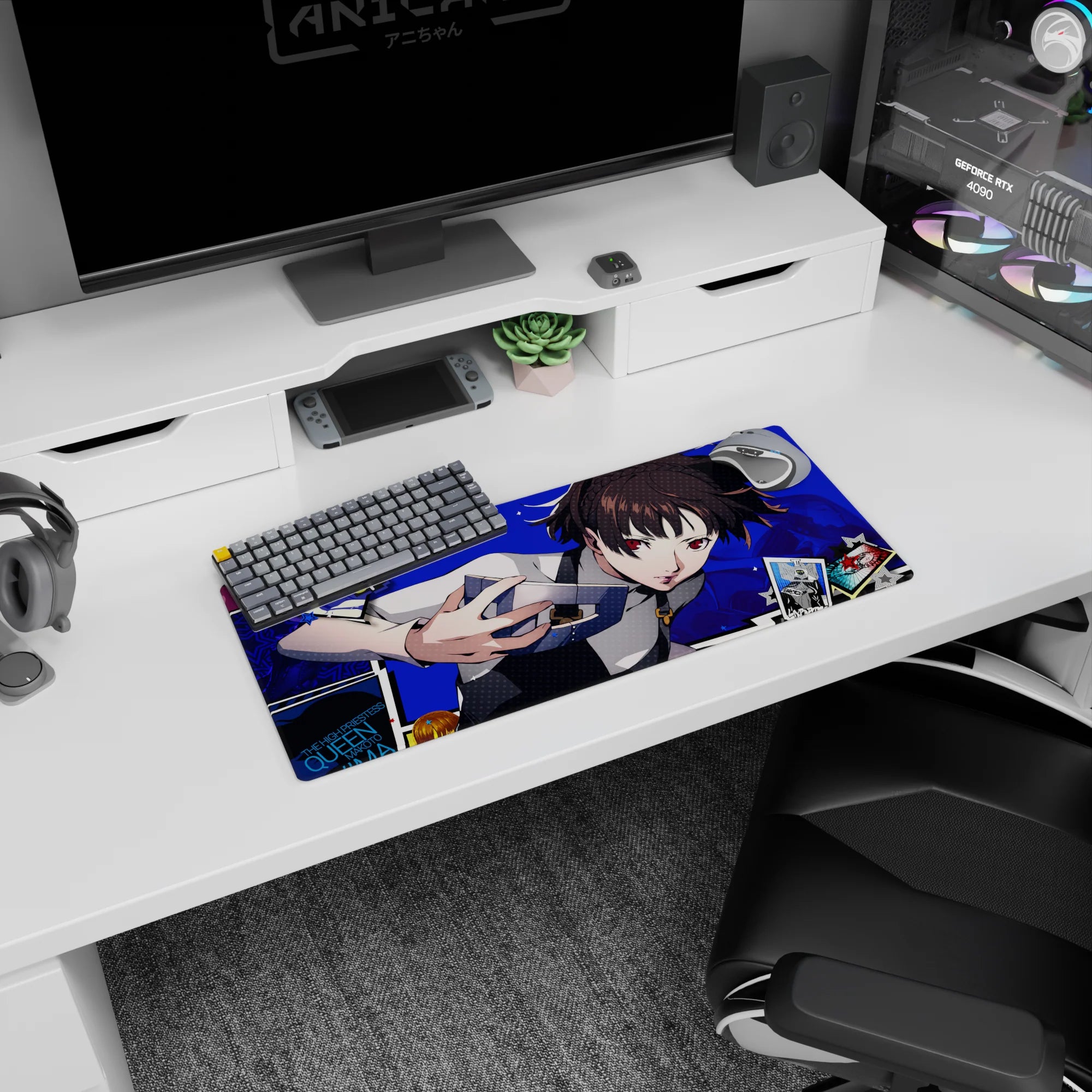Makoto Niijima Persona 5 mouse pad, 28x12 inches. Features Queen with knuckle duster, tarot cards, and electric blue backdrop.