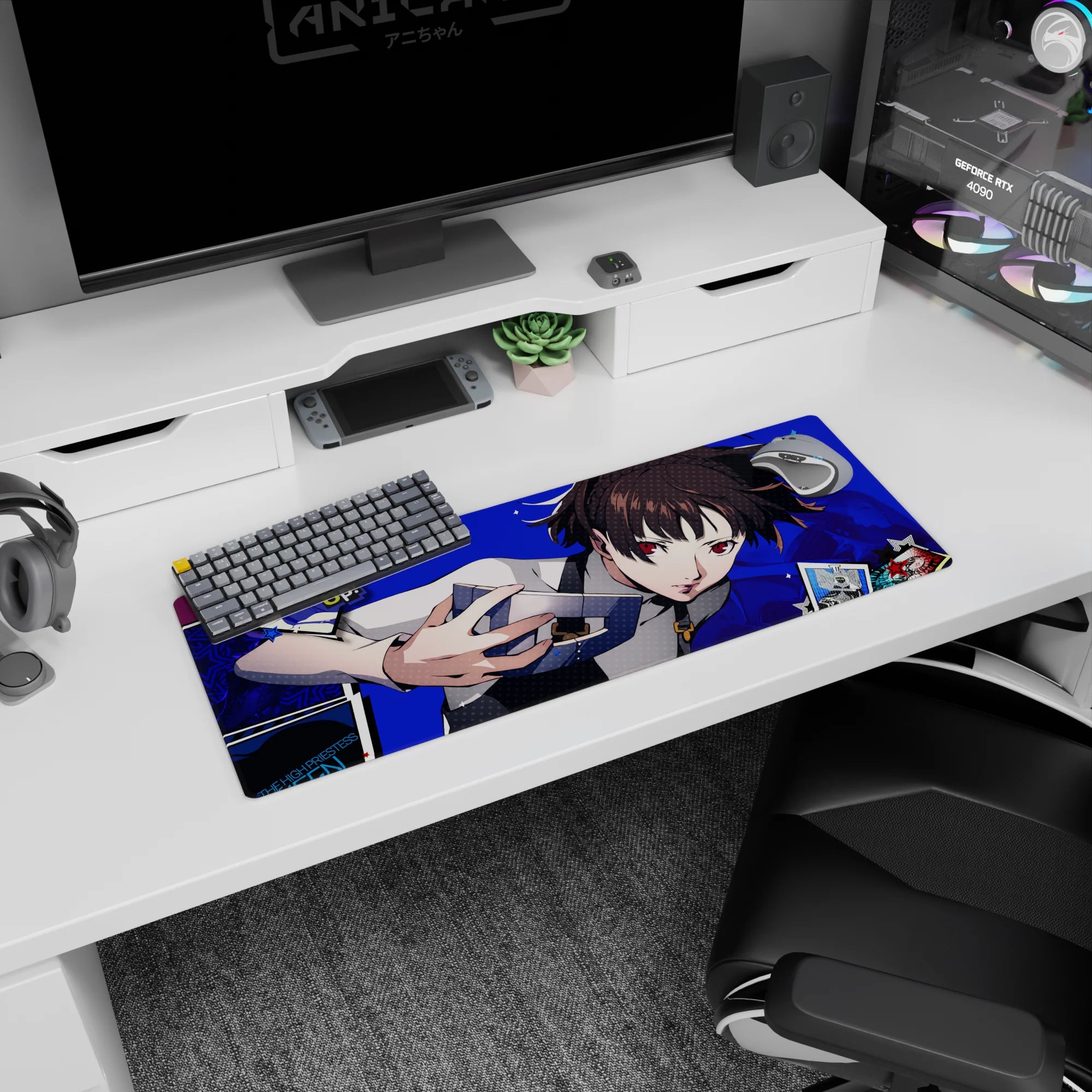 Makoto Niijima Persona 5 anime mouse pad, 32x12 inches, with electric blue backdrop, Queen, tarot cards, stylish chaos.