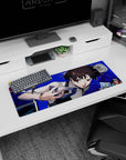 Makoto Niijima Persona 5 anime mouse pad, 32x12 inches, with electric blue backdrop, Queen, tarot cards, stylish chaos.