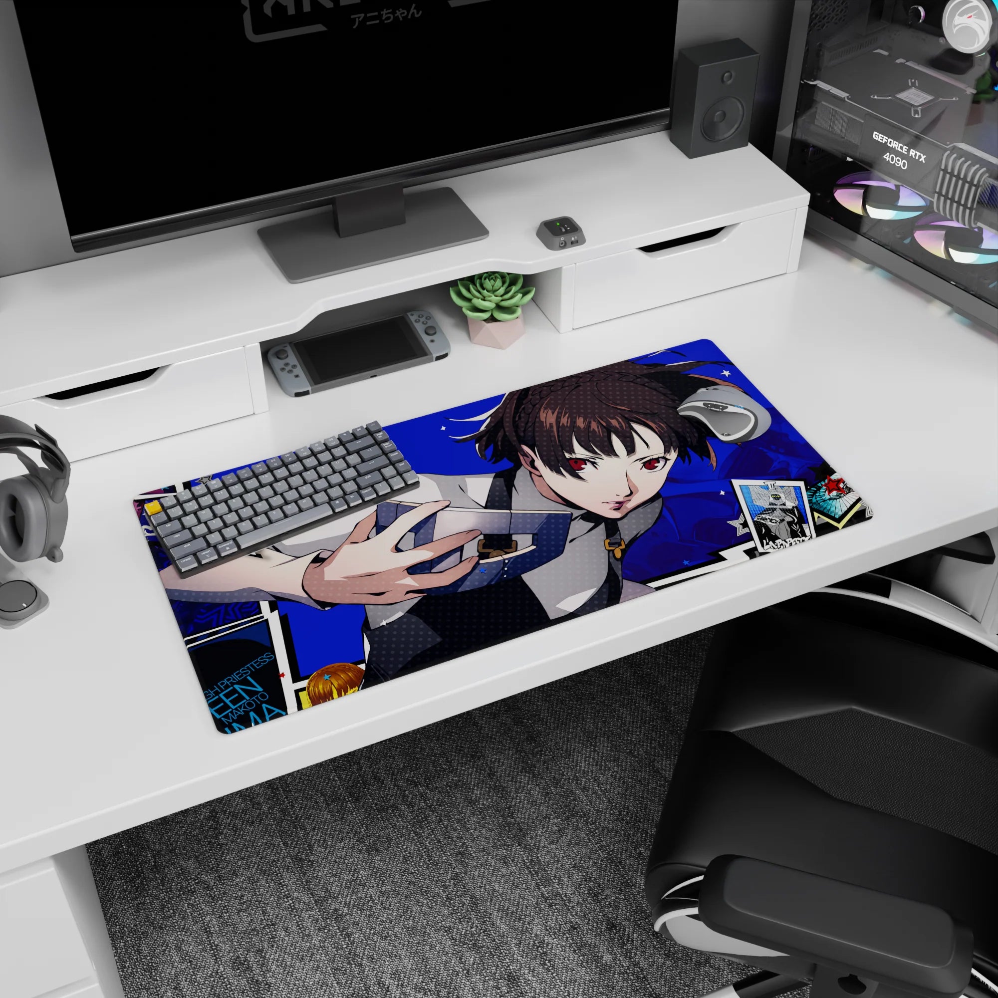 Makoto Niijima on a 32x16 inch Persona 5 anime mouse pad, electric blue backdrop, Queen with knuckle duster, tarot cards.