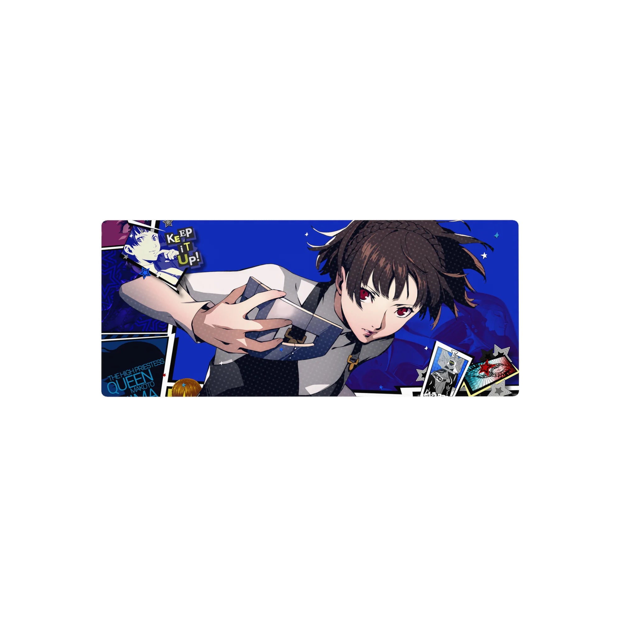 Makoto Niijima from Persona 5 on 28x12 inch anime mouse pad with electric blue backdrop and floating tarot cards.