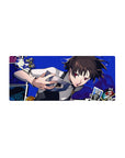Makoto Niijima from Persona 5 on 28x12 inch anime mouse pad with electric blue backdrop and floating tarot cards.