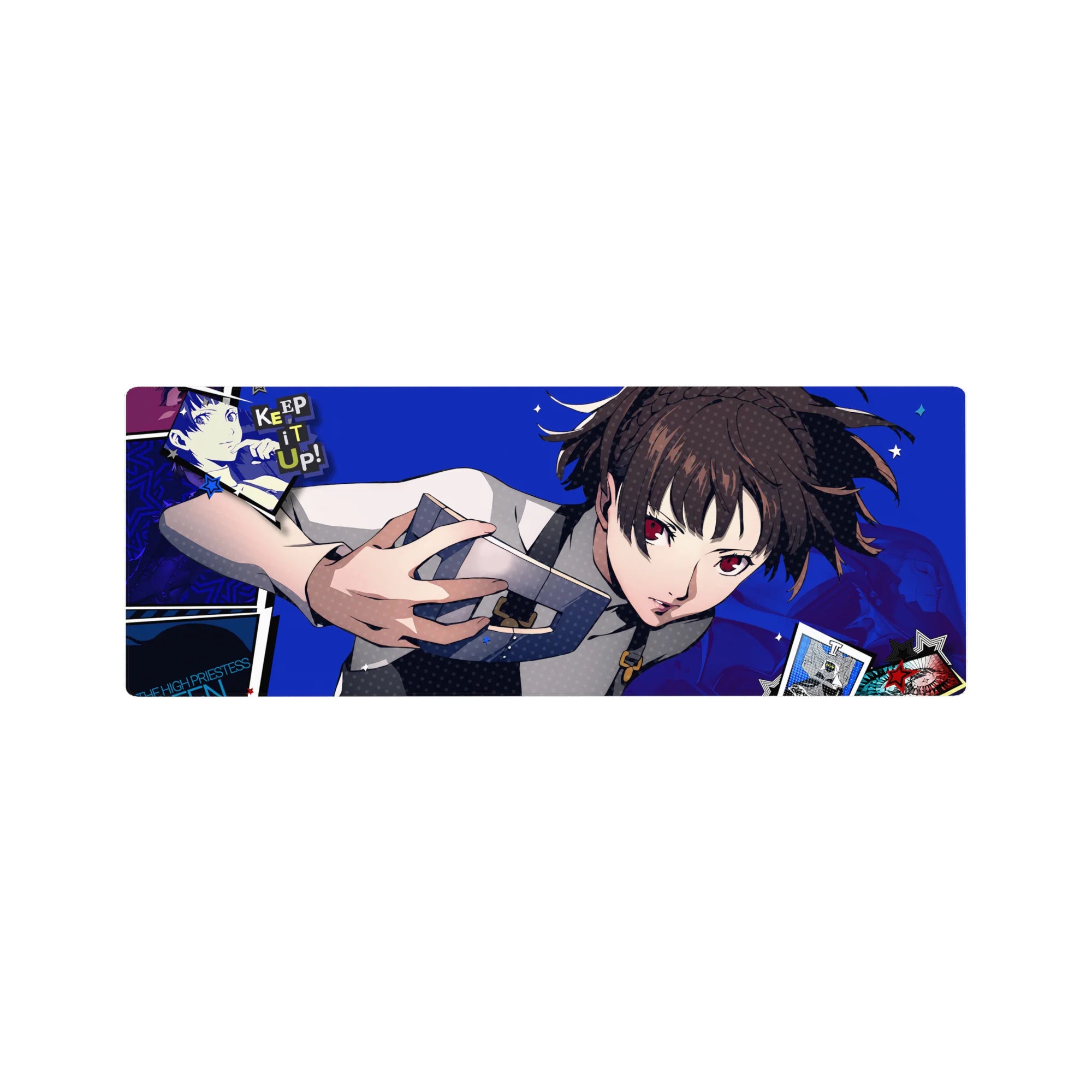 Makoto Niijima on 32x12 inch anime mouse pad from Persona 5, electric blue backdrop, Queen with knuckle duster, tarot cards.