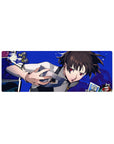 Makoto Niijima on 32x12 inch anime mouse pad from Persona 5, electric blue backdrop, Queen with knuckle duster, tarot cards.