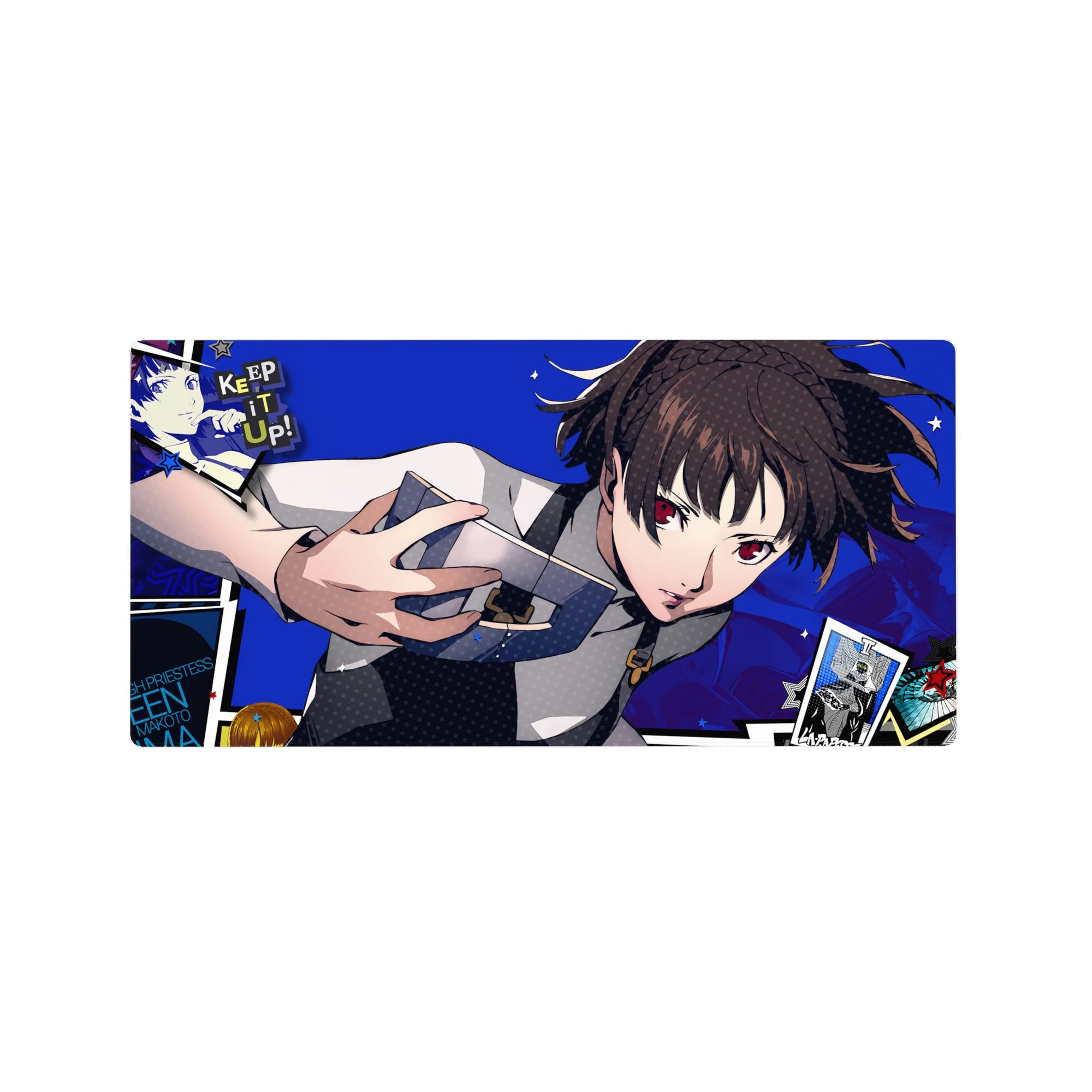 Makoto Niijima from Persona 5 on 32x16 inch anime mouse pad, electric blue backdrop, tarot cards, ready for action.