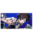 Makoto Niijima from Persona 5 on 32x16 inch anime mouse pad, electric blue backdrop, tarot cards, ready for action.