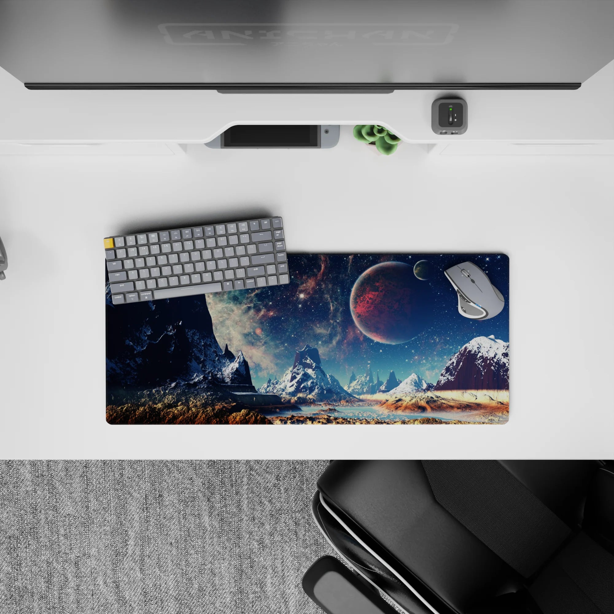 Moody teal starlit sky mouse pad 28x12 inches with midnight peaks, frosty accents, and warm sand.