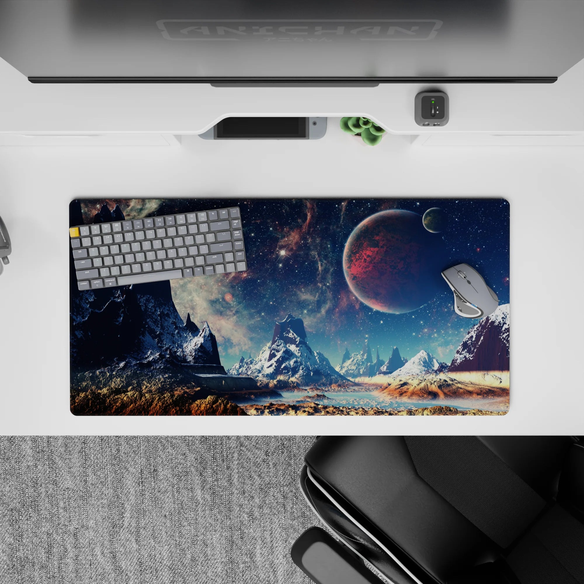 Teal mist and starlit sky mouse pad 32x16 inches with warm sandy ground and midnight mountain tones.