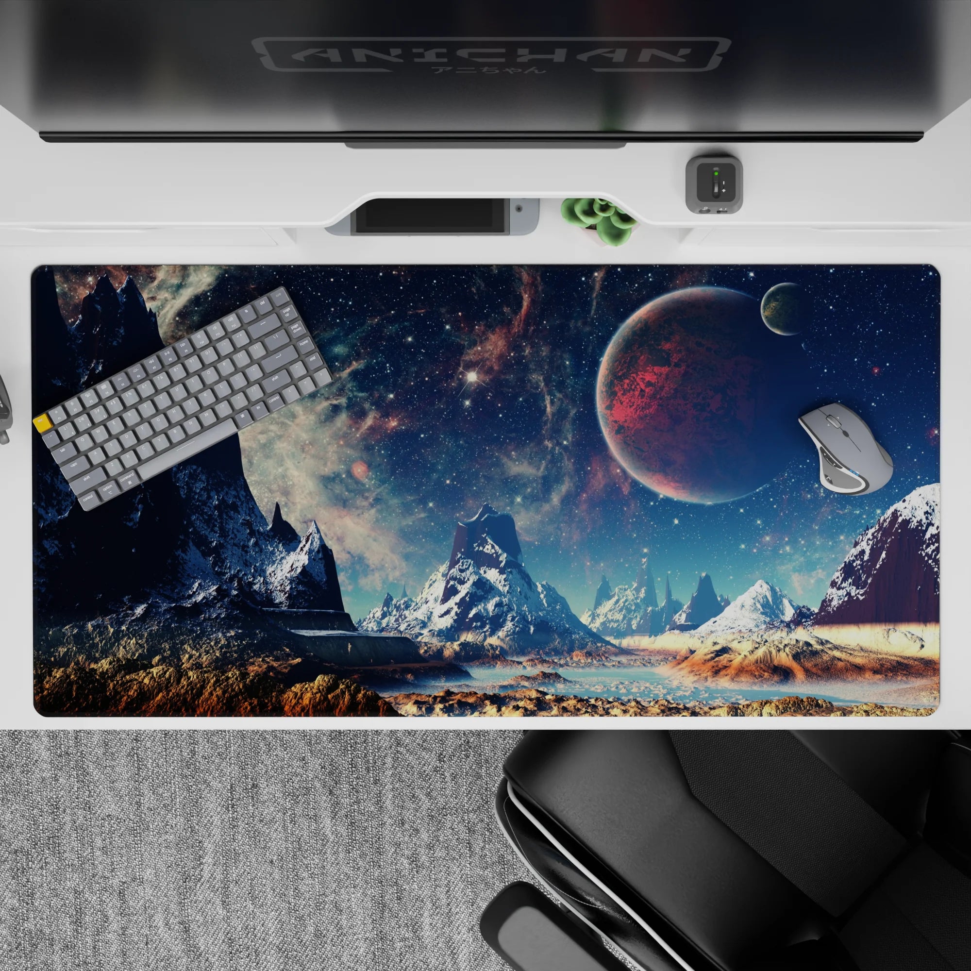 Moody midnight tones desk pad 40x20 inches with teal starlight haze, frosty peaks, and sandy warmth.