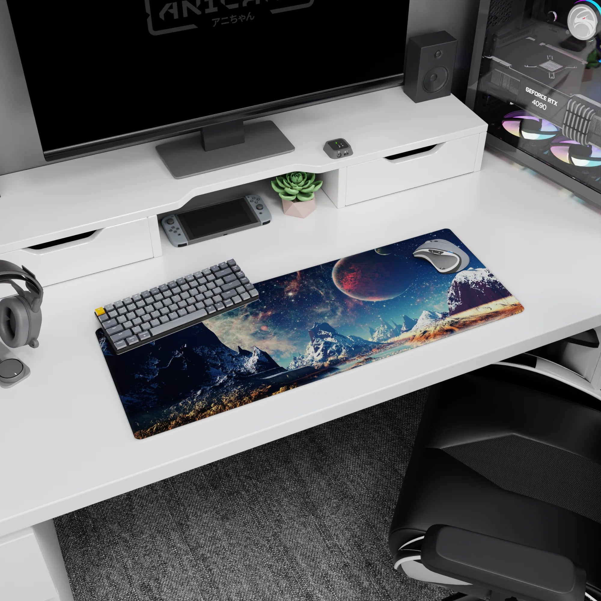 Red planet over icy mountain range mouse pad 32x12 inches, starlight sky with teal haze.