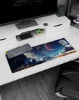 Red planet over icy mountain range mouse pad 32x12 inches, starlight sky with teal haze.