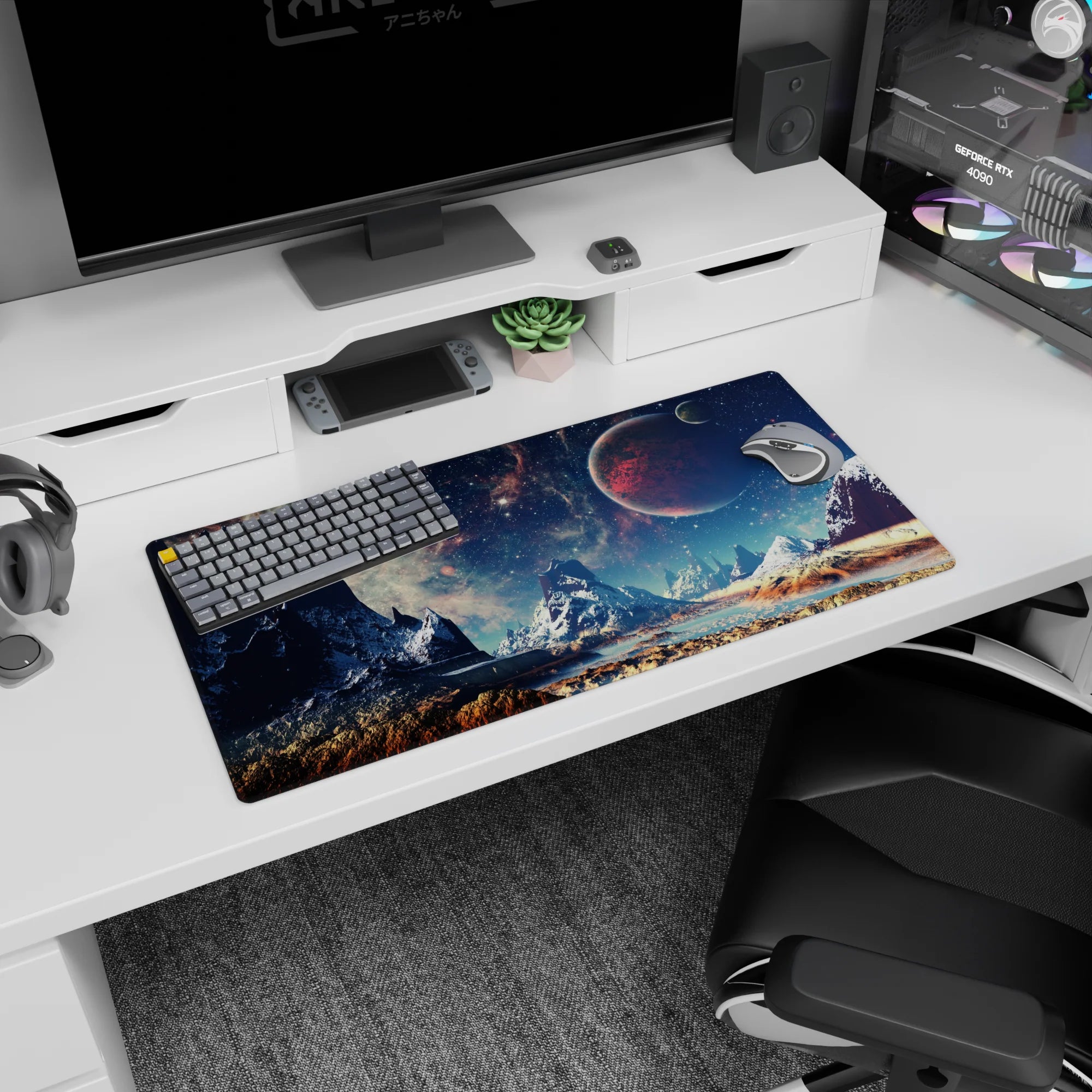 Red planet over icy mountain peaks mouse pad 32x16 inches, a tiny space trip scene for your desk.