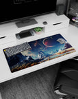 Red planet over icy mountain peaks mouse pad 32x16 inches, a tiny space trip scene for your desk.