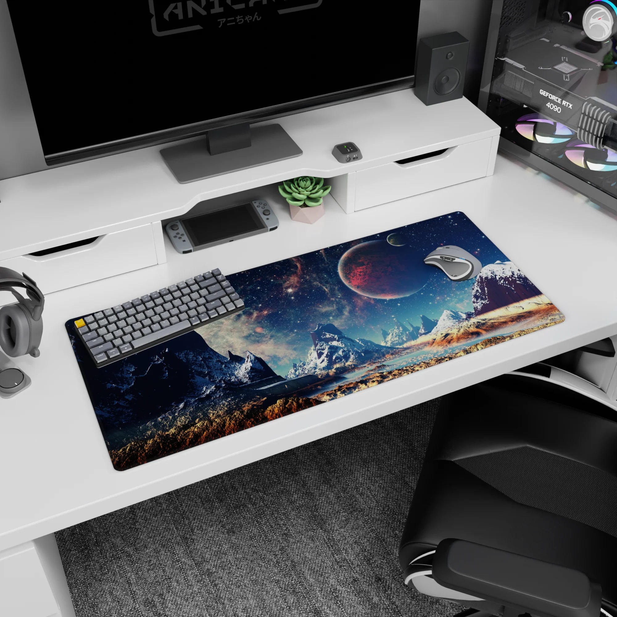 Red planet over frosty mountains desk pad 36x16 inches, starlight sky with teal haze and sandy ground.