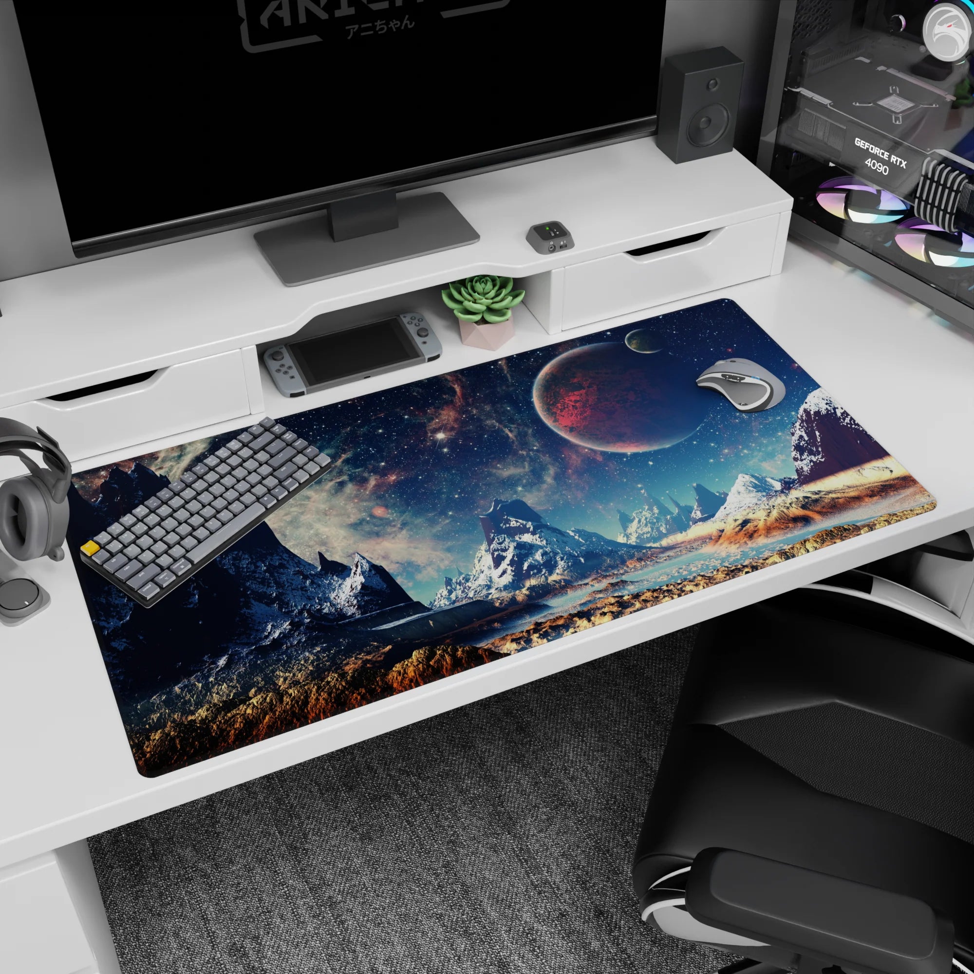 Red planet over jagged mountains desk pad 40x20 inches with starlit teal sky and warm sandy ground.