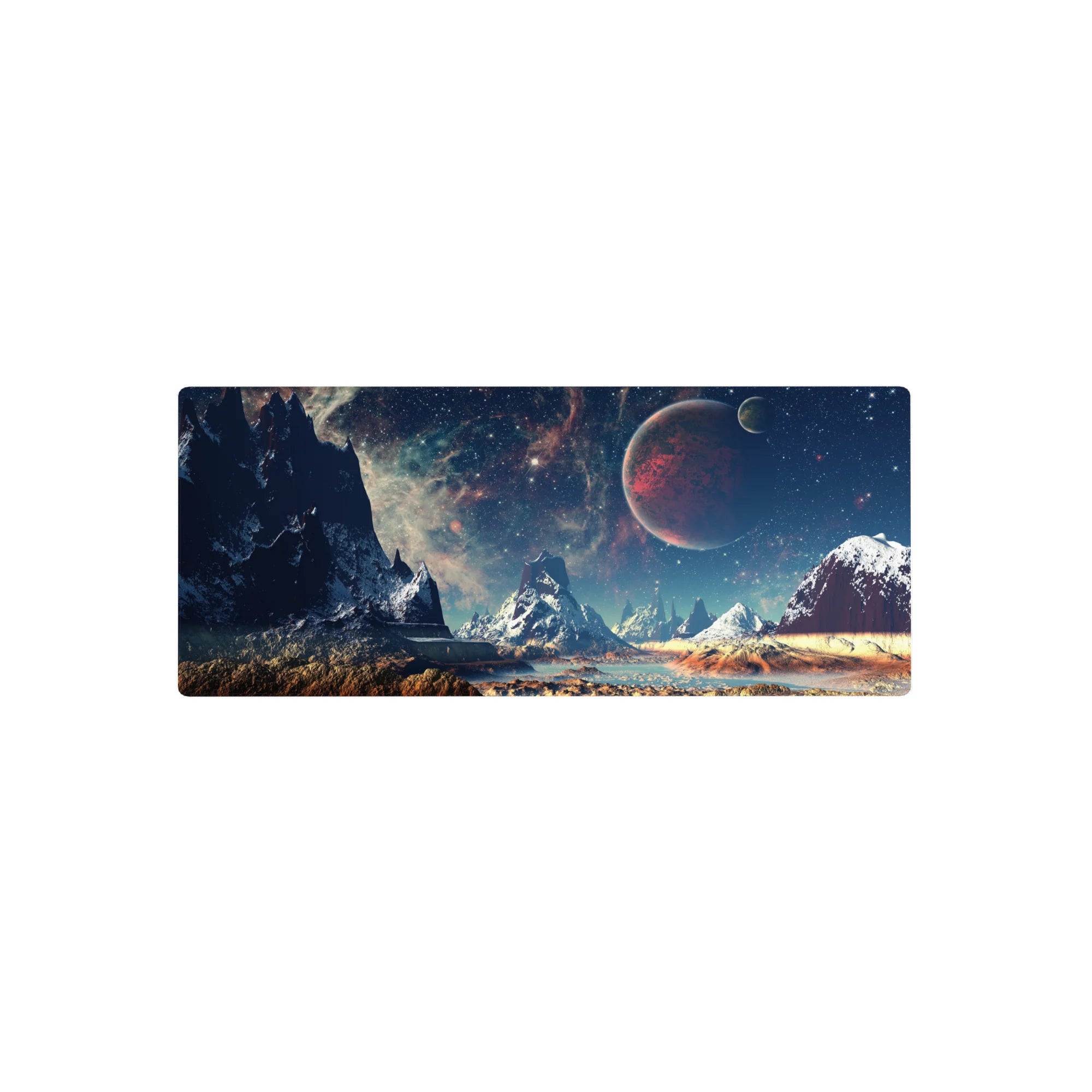 Space landscape desk mouse pad 28x12 inches with jagged mountains, red planet, and sandy ground.