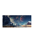 Space landscape desk mouse pad 28x12 inches with jagged mountains, red planet, and sandy ground.