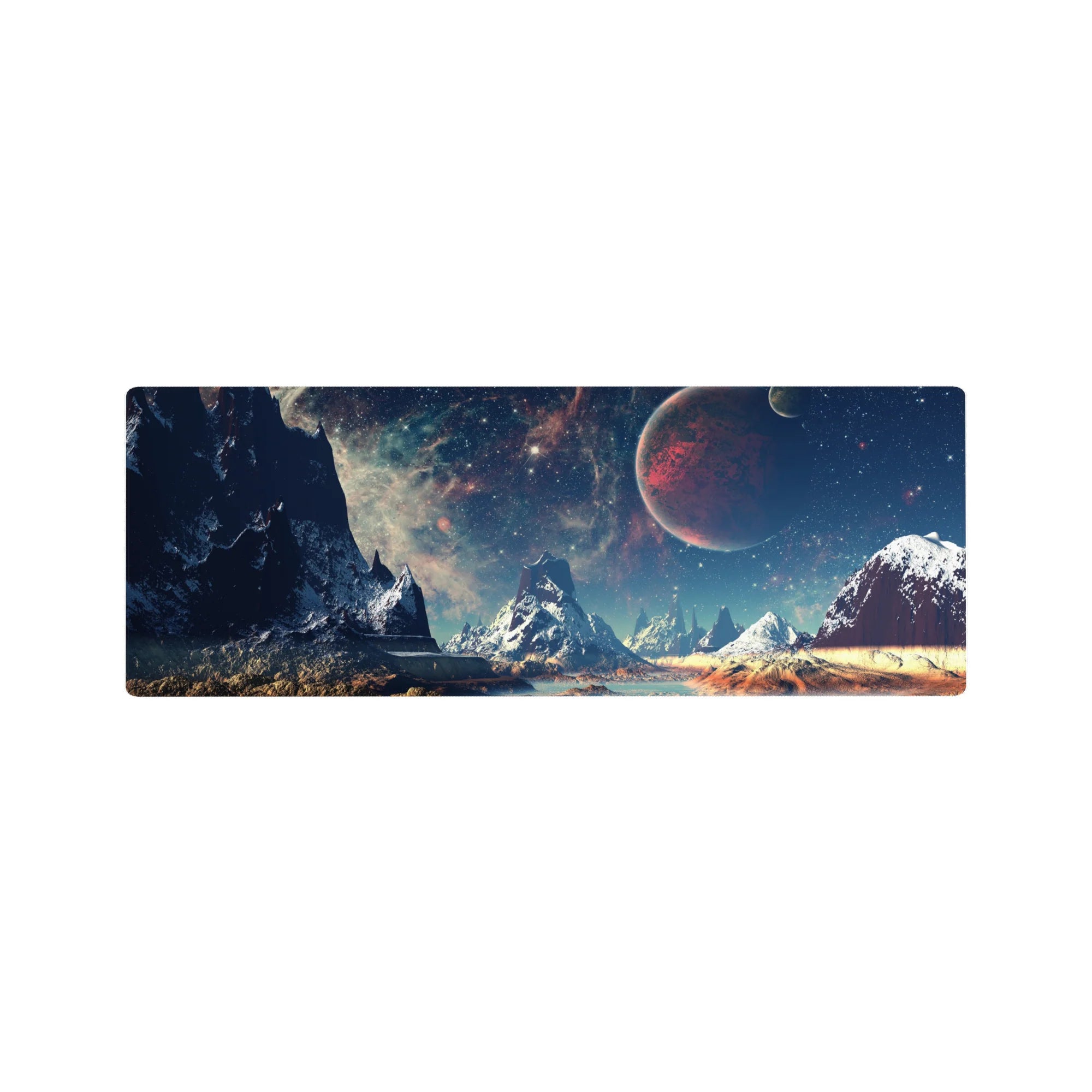 Space mountain landscape desk mouse pad 32x12 inches with jagged peaks, teal mist sky, and red planet.