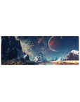 Space mountain landscape desk mouse pad 32x12 inches with jagged peaks, teal mist sky, and red planet.