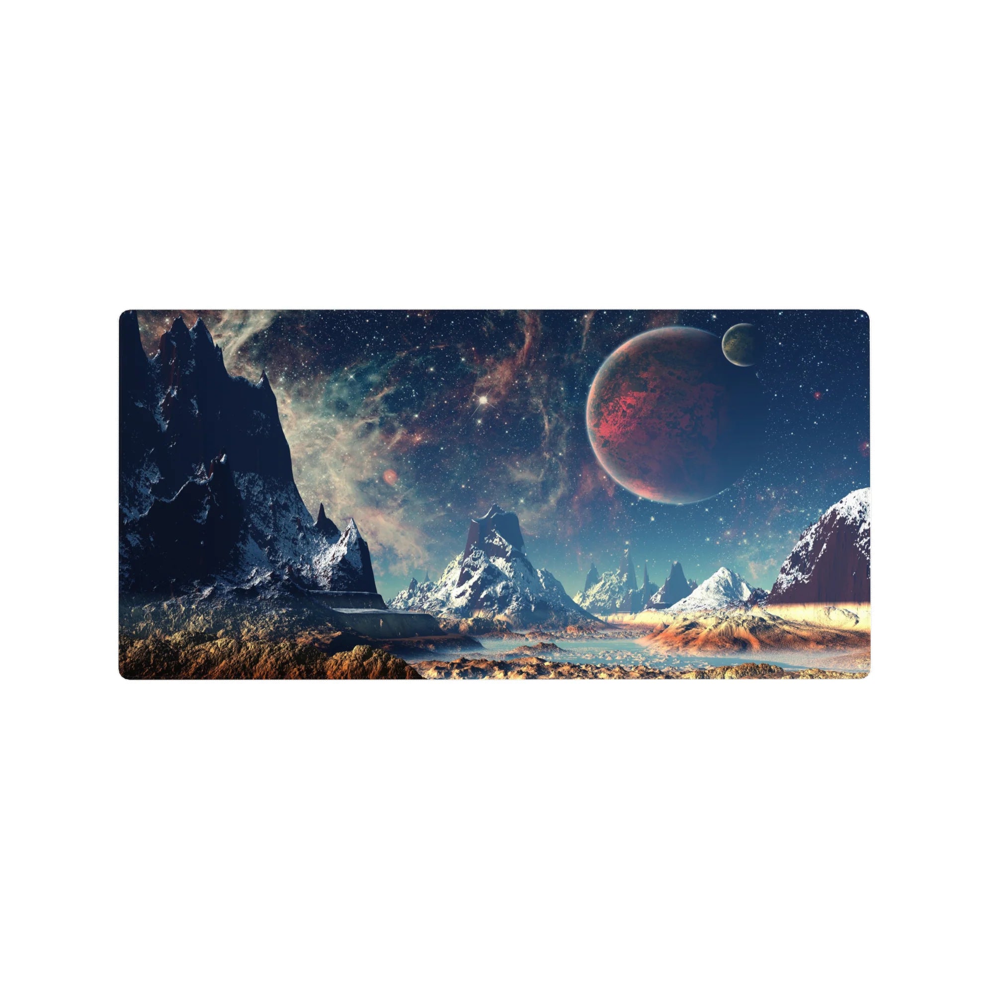 Space landscape mouse pad 32x16 inches with jagged mountains, frosty peaks, and a red planet in the sky.
