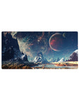 Space landscape mouse pad 32x16 inches with jagged mountains, frosty peaks, and a red planet in the sky.
