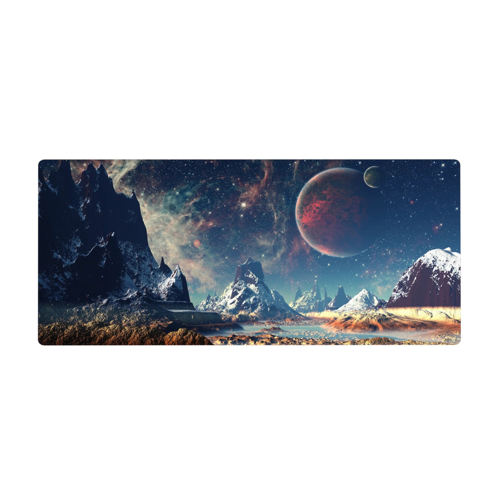 Space mountain landscape desk pad 36x16 inches with jagged peaks, teal mist sky, and a red planet.