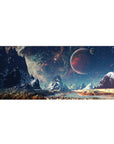 Space mountain landscape desk pad 36x16 inches with jagged peaks, teal mist sky, and a red planet.