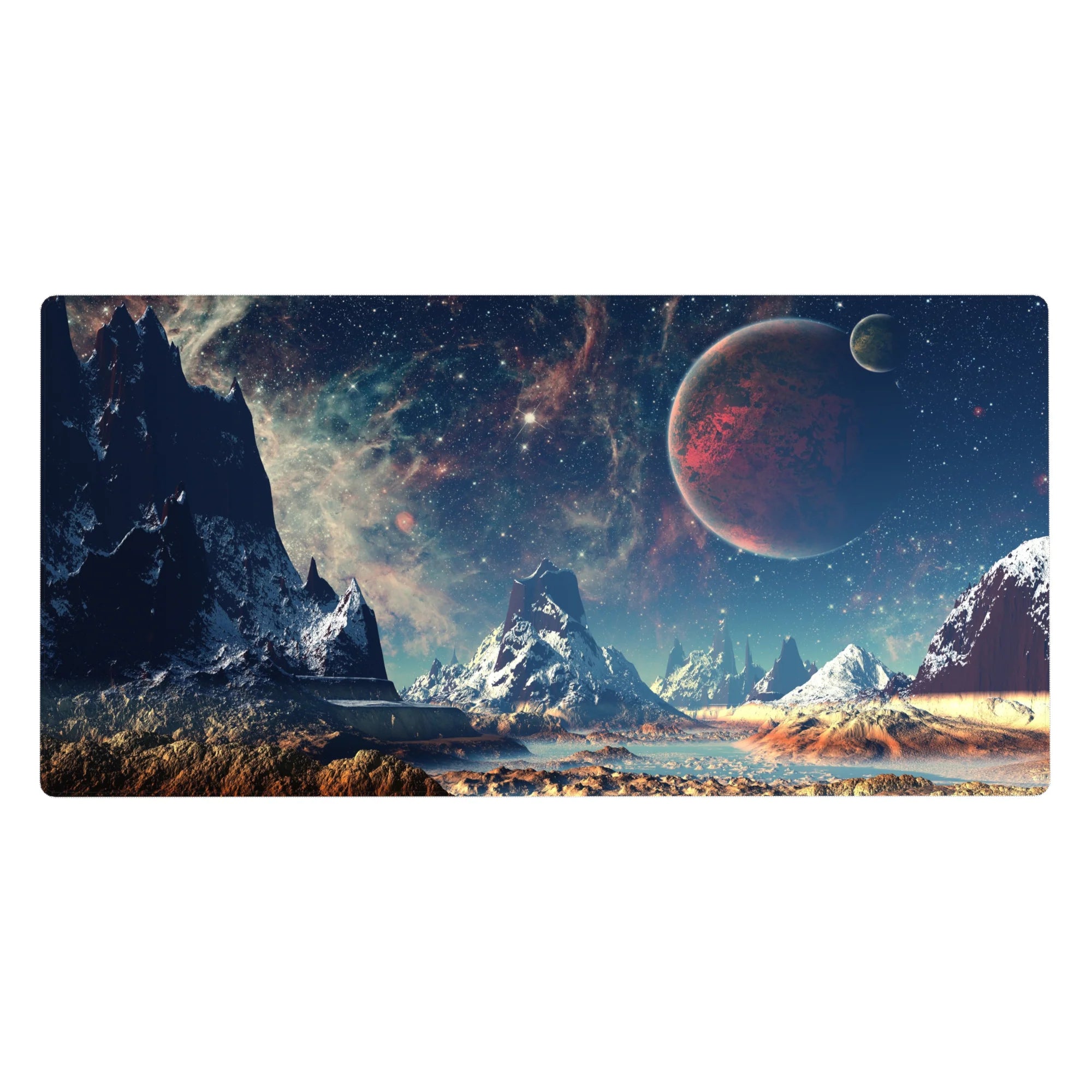 Space mountain landscape desk pad 40x20 inches with jagged peaks, teal mist sky, and red planet.
