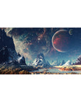Space mountain landscape desk pad 40x20 inches with jagged peaks, teal mist sky, and red planet.