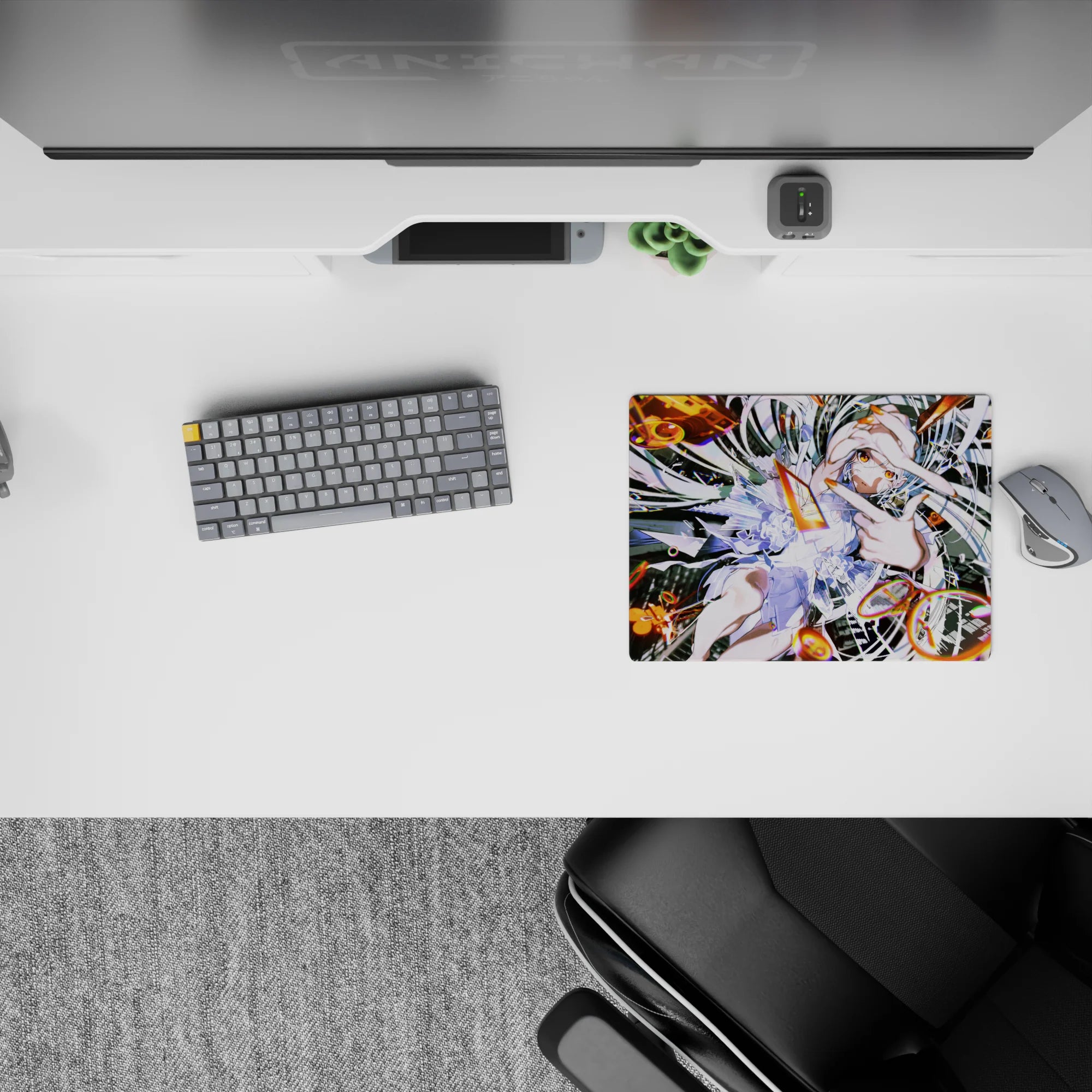 Neon orange and dark cyber vibes anime mouse pad 14x10 inches, loud playful art with ringed sparks.