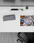 Neon orange and dark cyber vibes anime mouse pad 14x10 inches, loud playful art with ringed sparks.