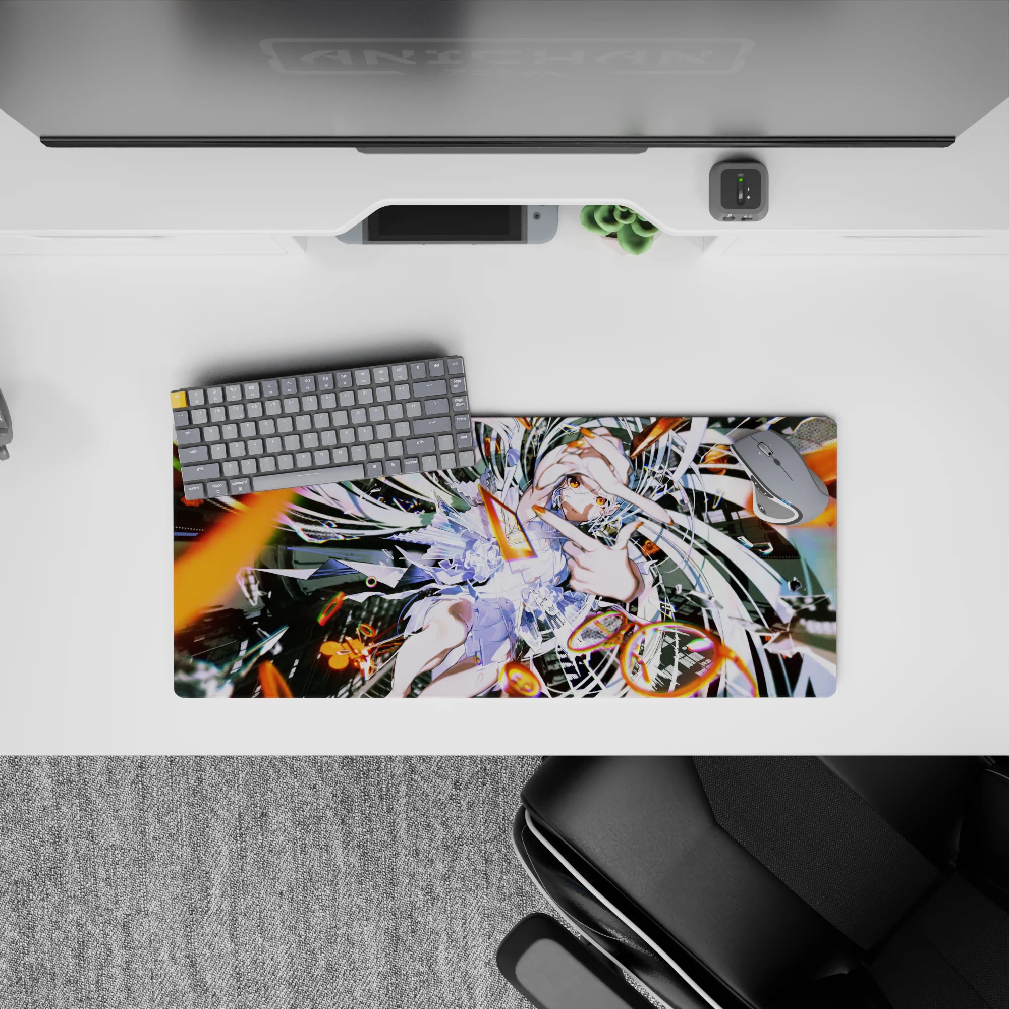 Neon orange sparks and glitchy streaks on dark mech backdrop anime mouse pad, 28x12 inches.
