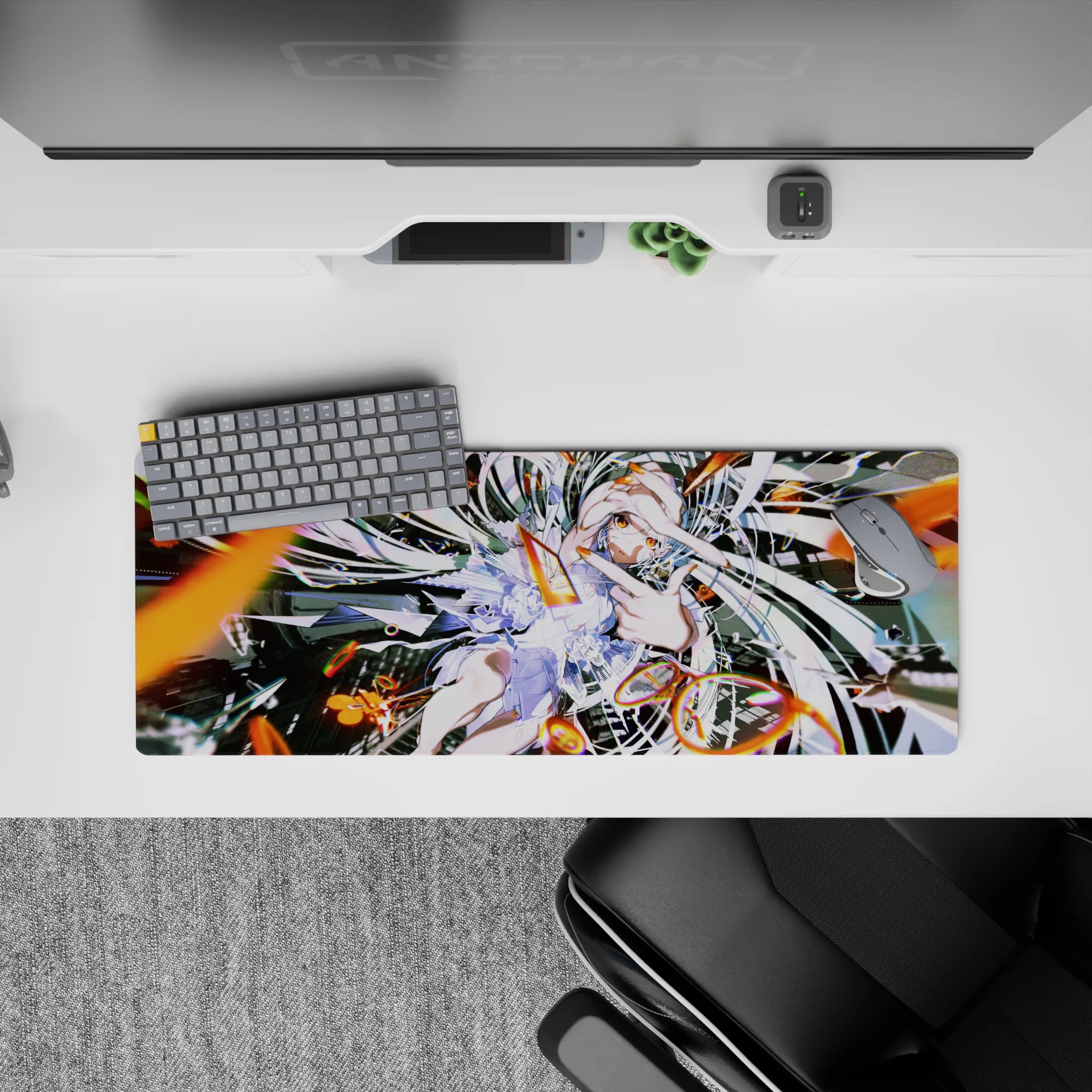 Neon orange and dark mech vibe anime desk mat 32x12 inches, loud playful energy with spark rings.