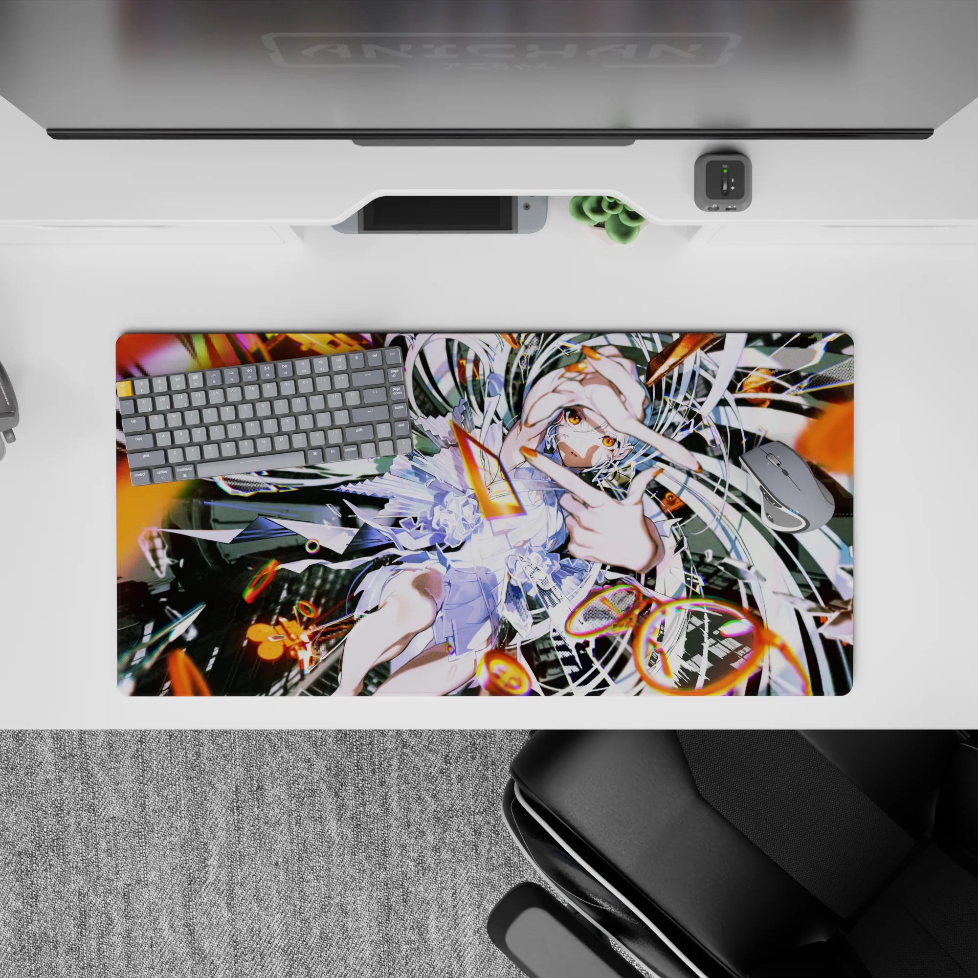 Neon orange and dark mechanical vibe anime desk mat 32x16 inches, playful rebellious cyber sparks.