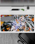 Neon orange and dark mechanical vibe anime desk mat 32x16 inches, playful rebellious cyber sparks.
