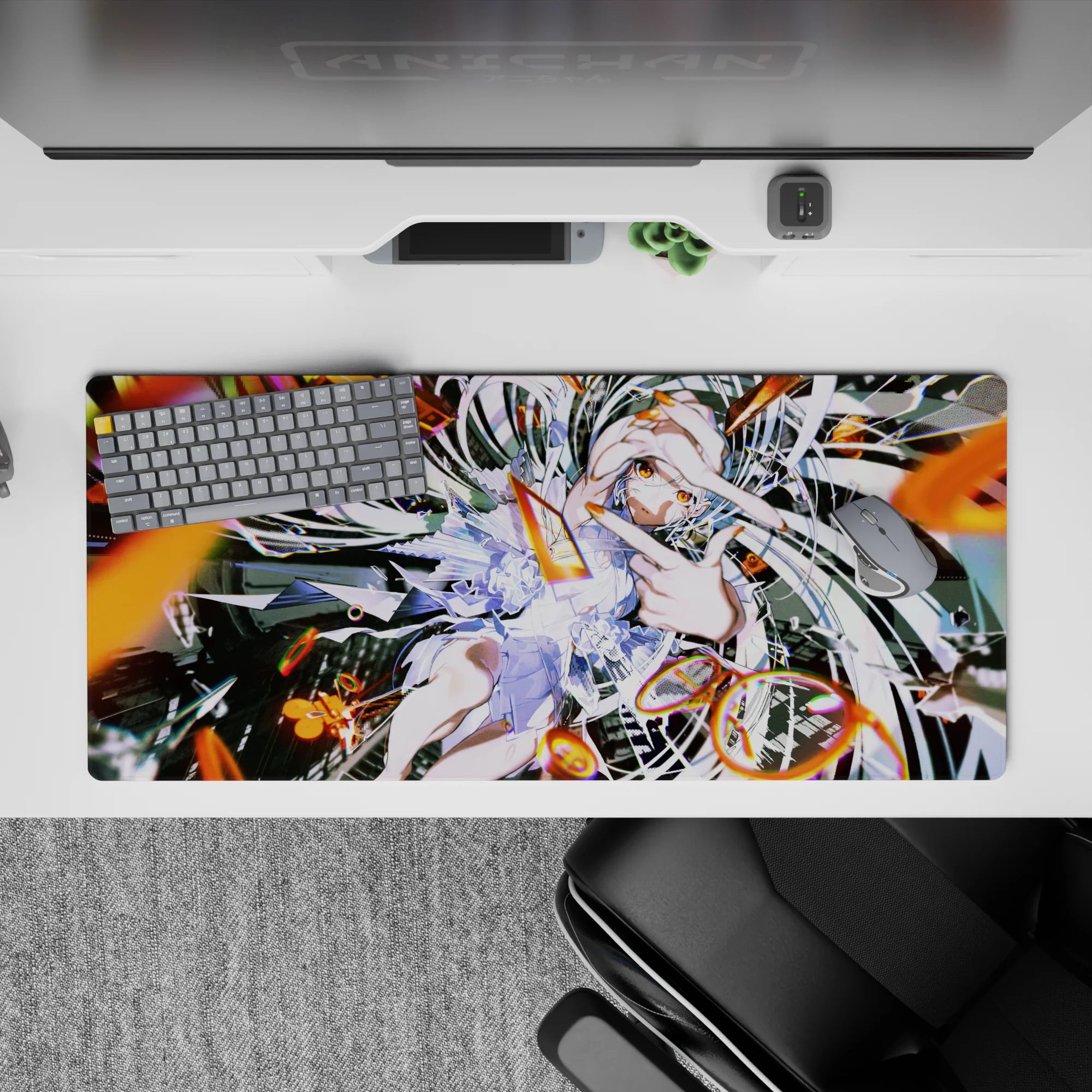 Neon orange sparks and glitch streaks on an anime girl desk pad 36x16 inches, loud playful vibe.