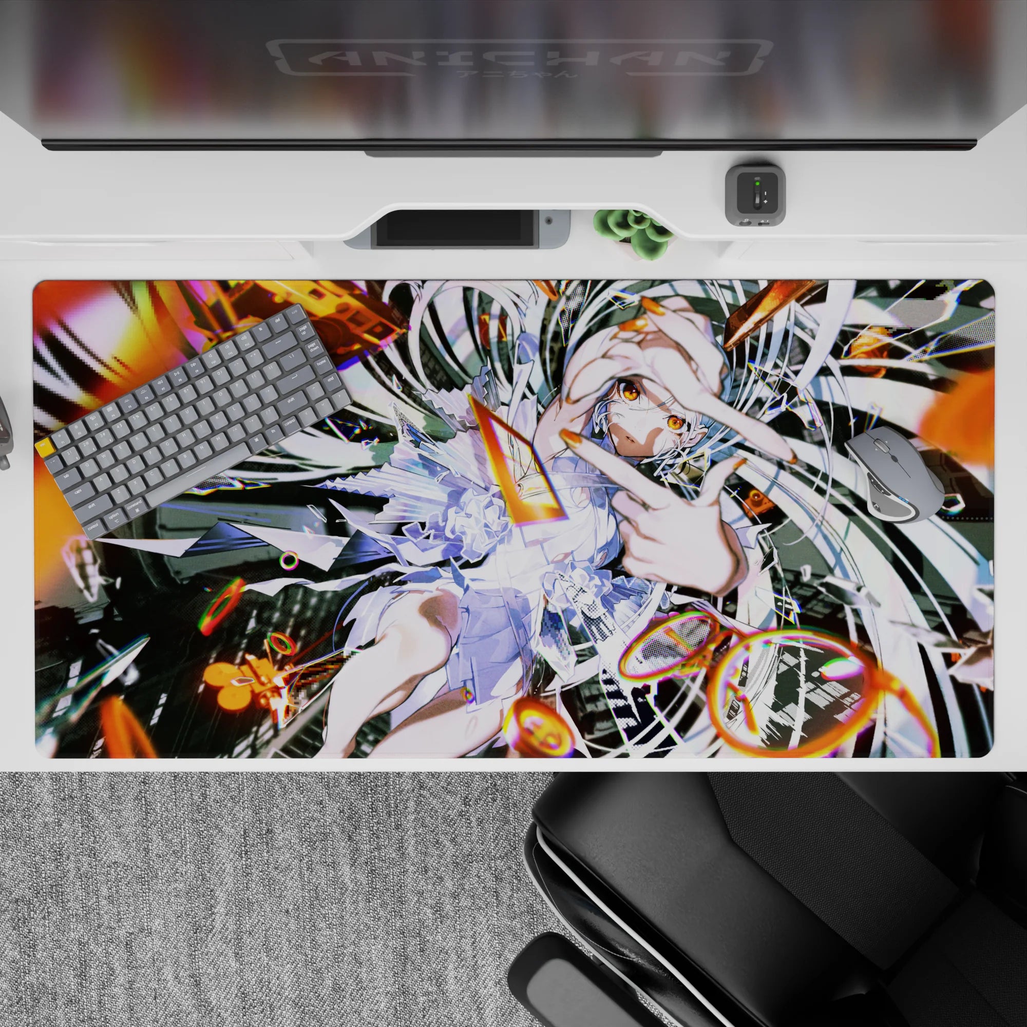 Neon orange and dark cyber sparks anime desk pad 40x20 inches, loud playful vibe for smooth mouse tracking.