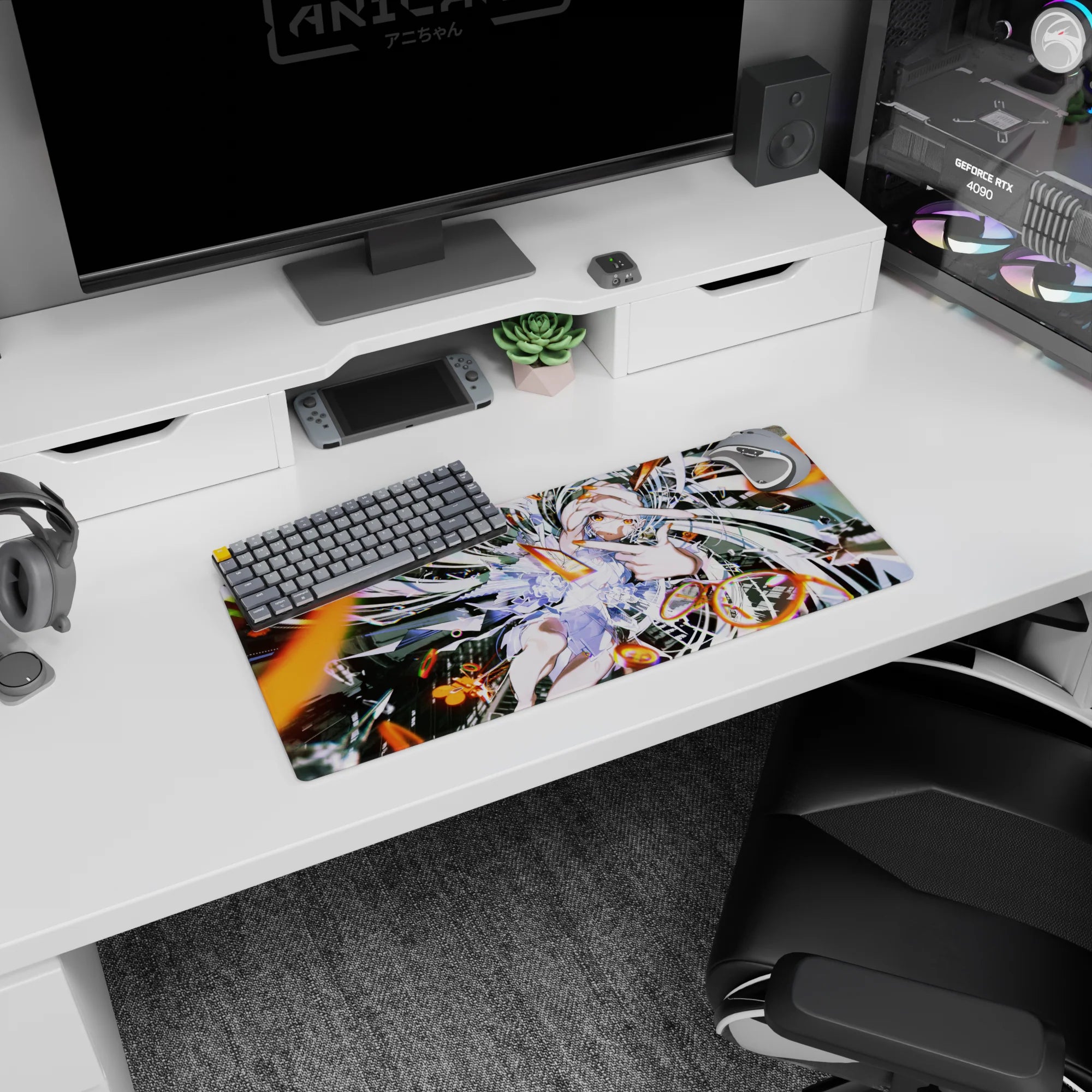 Silver-haired anime girl with amber eyes giving a two-finger salute on mouse pad, 28x12 inches.
